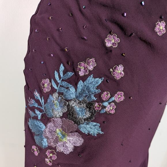 Vintage Papell Silk Midi Dress Cocktail Gown 6 Purple Y2K Fairy Floral Bead Slip - Picture 7 of 15